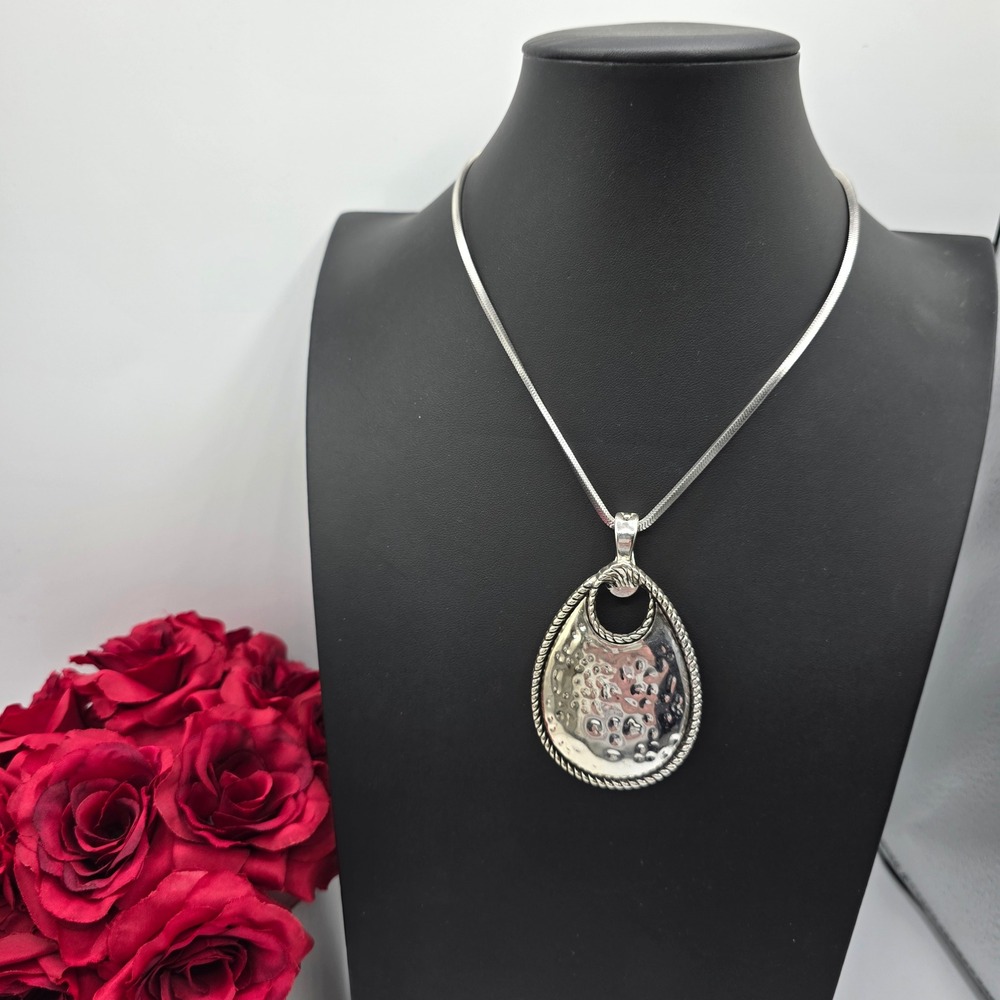 RMN Roman Silver Tone Hammered Teardrop Pendant Snake Chain Necklace Rhinestone
